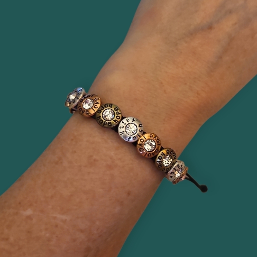 PREMIER DESIGNS Mixed Metal Rhinestone Faith Hope Love Macrame Bracelet